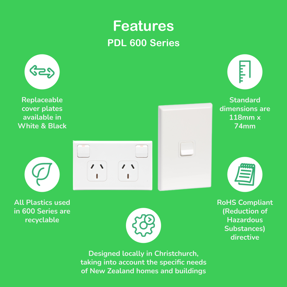 PDL Socket Outlet 600 Series - Single switched - Assembled - Vertical - 10mA RCD protection - 240 V - 10 A - White